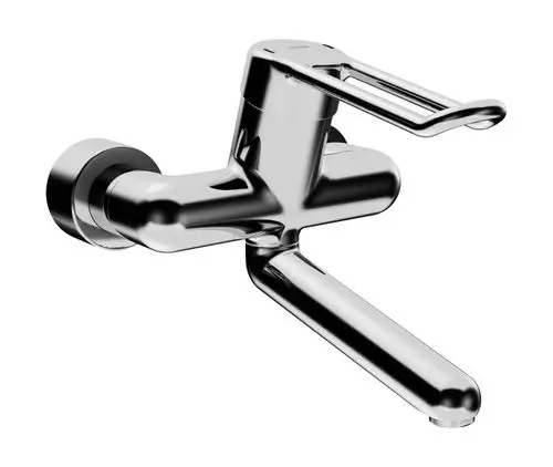 Einhebelmischer in Chrom mit langem Bedienungshebel und ausgeformtem Auslauf. Hersteller ist HANSA. Ideal für Waschtische.